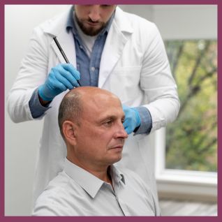 A doctor conducting a hair transplant procedure in a modern clinic in Delhi