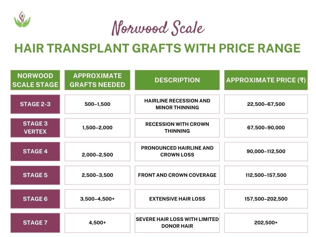 Norwood Scale grafts, price range, and extra costs in hair transplant techniques cost breakdown in India.